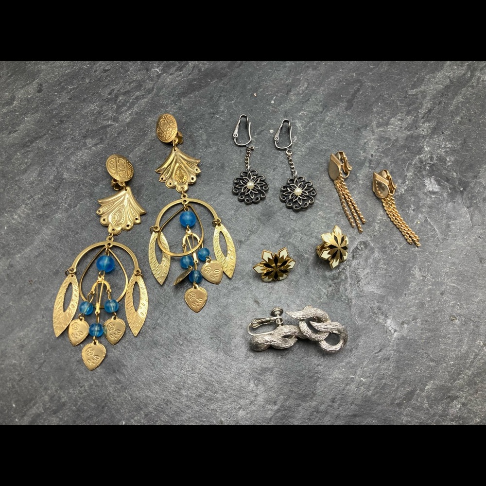 CLIP-ON Women’s Vintage Bundle 5x pairs earrings silver gold cloisonné